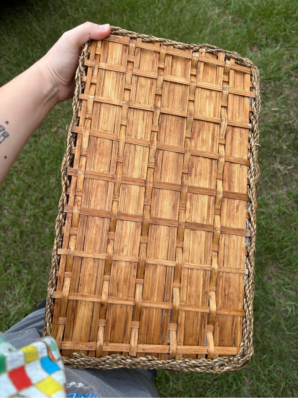 Woven Picnic Basket with Brown Straps and Leather Accents